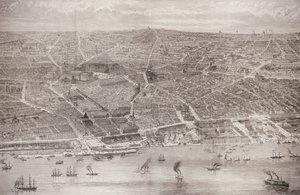 Vista aérea de Liverpool do Mersey com todos os novos edifícios, de "The Illustrated London News", 15 de maio de 1886 de English School